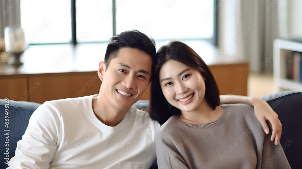 Portrait of young couple family sitting in sofa couch looking at camera, Happy young adult couple ma