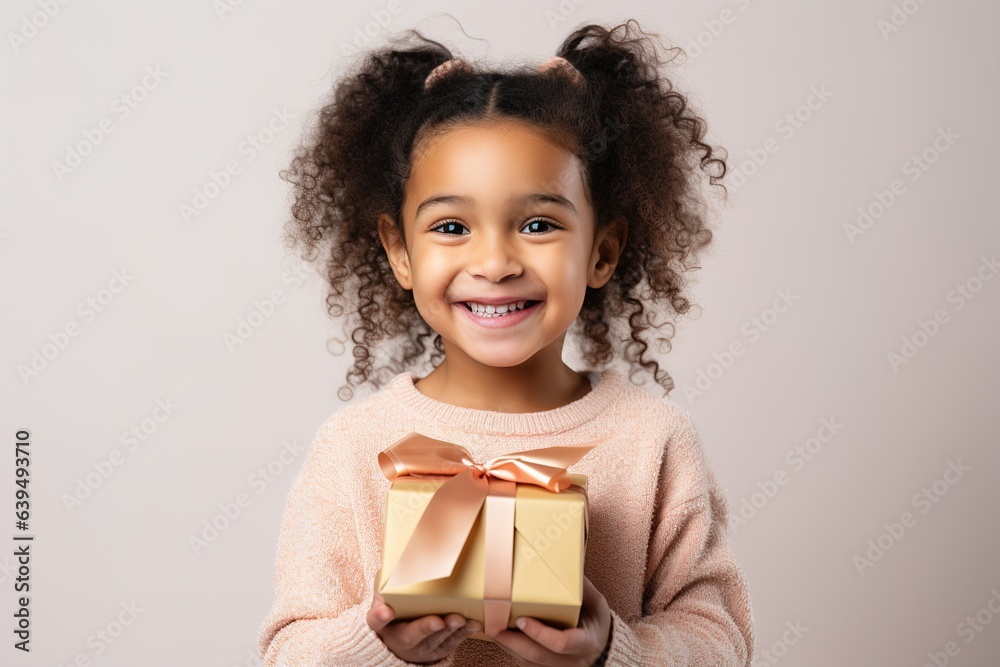 a girl with a gift in her hands and smiling. Generative AI