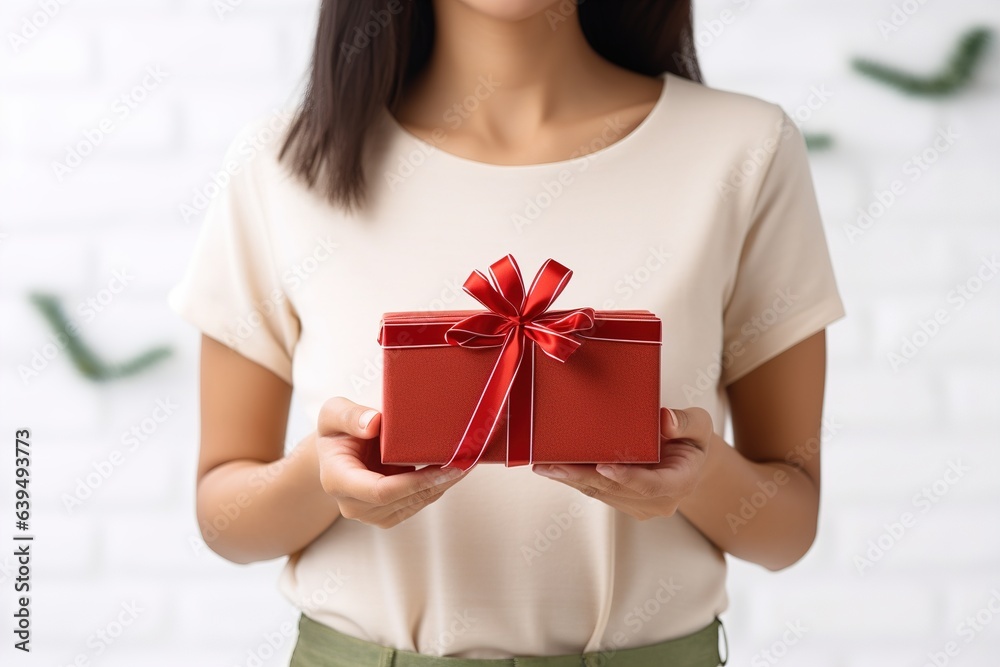 a girl with a gift in her hands and smiling. Generative AI