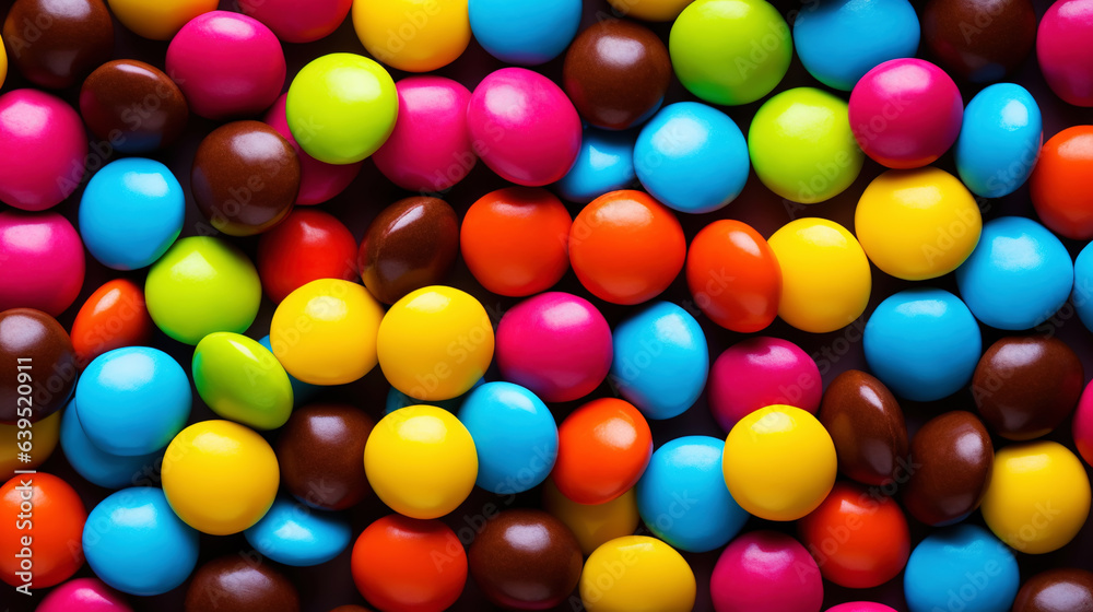 Close up of a pile of colorful chocolate coated candies. Candy background. Generative AI