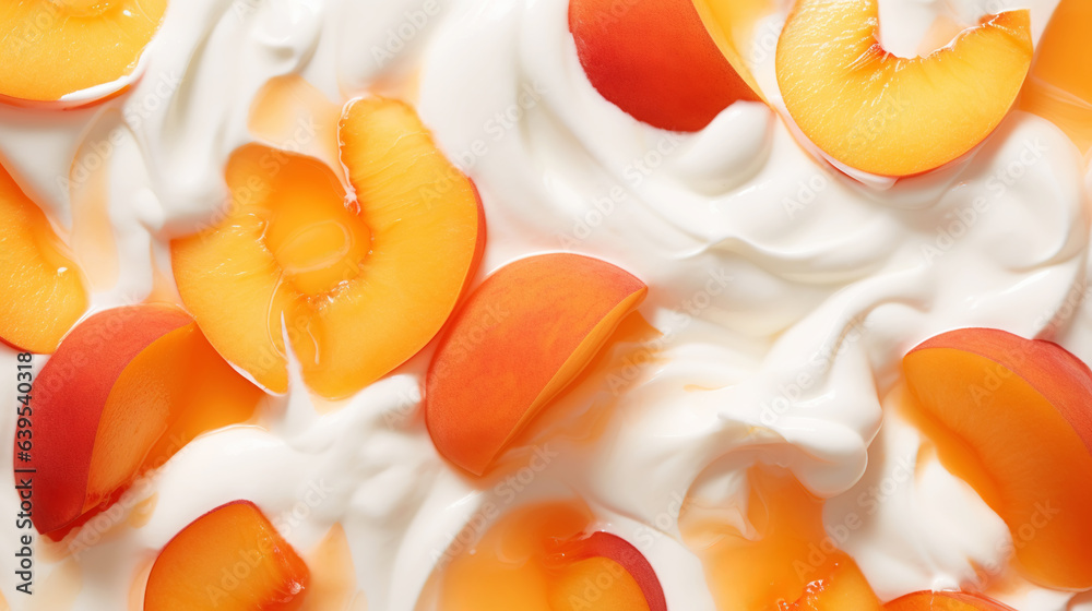 Yogurt and fresh peaches, background. Top view. Generative AI