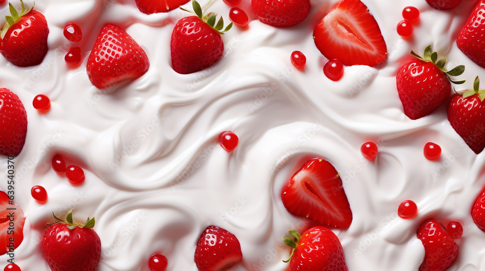 Yogurt and fresh strawberries, background. Top view. Generative AI