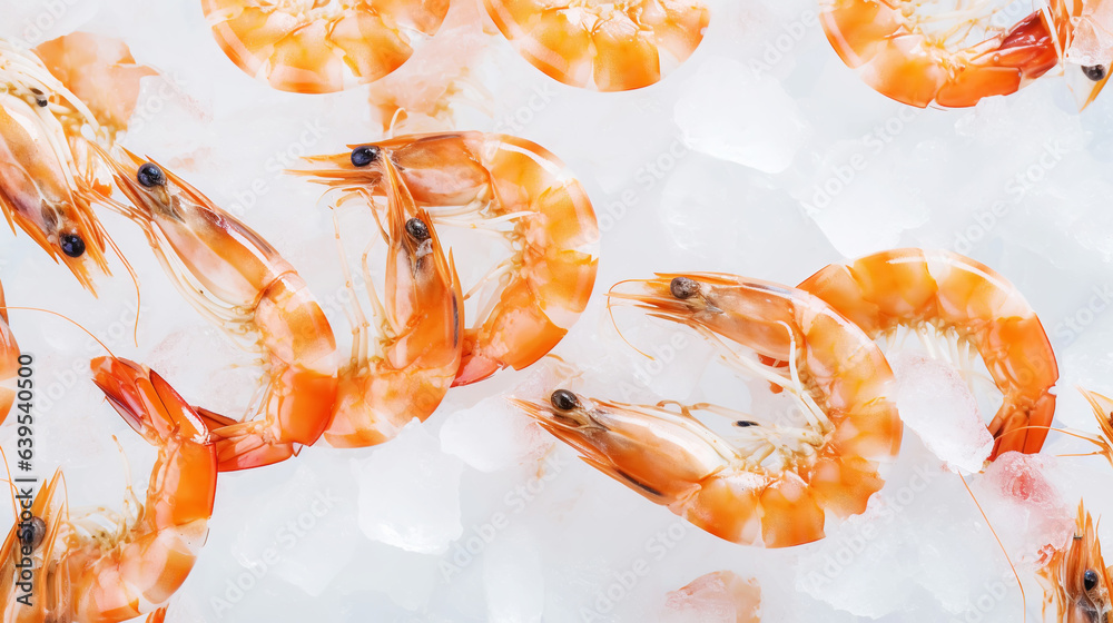 Top view of raw whole shrimps on ice. Seafood background. Generative AI