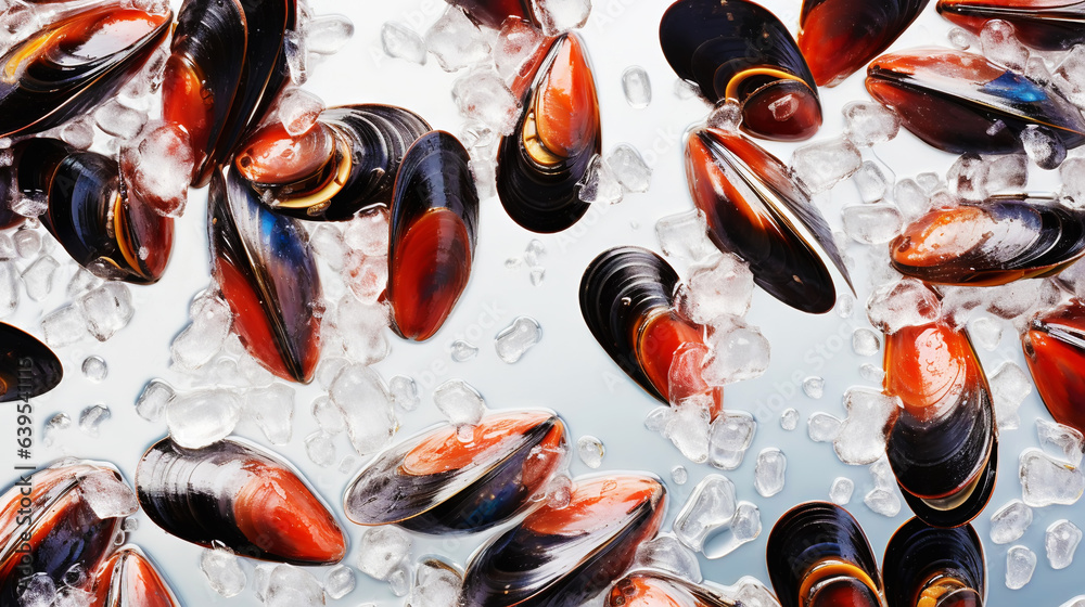 Raw Mussels on ice in the restaurant . Fresh seafood shellfish background. Generative AI