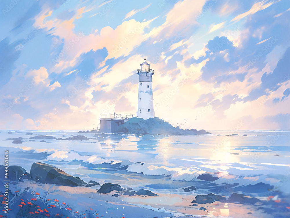 blue sea waves, lighthouse illustration by the sea