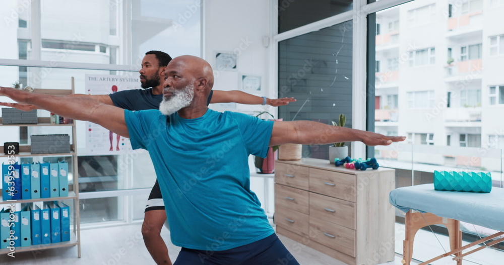 Yoga, stretching and a black man with a coach for exercise, fitness and a zen workout together. Heal