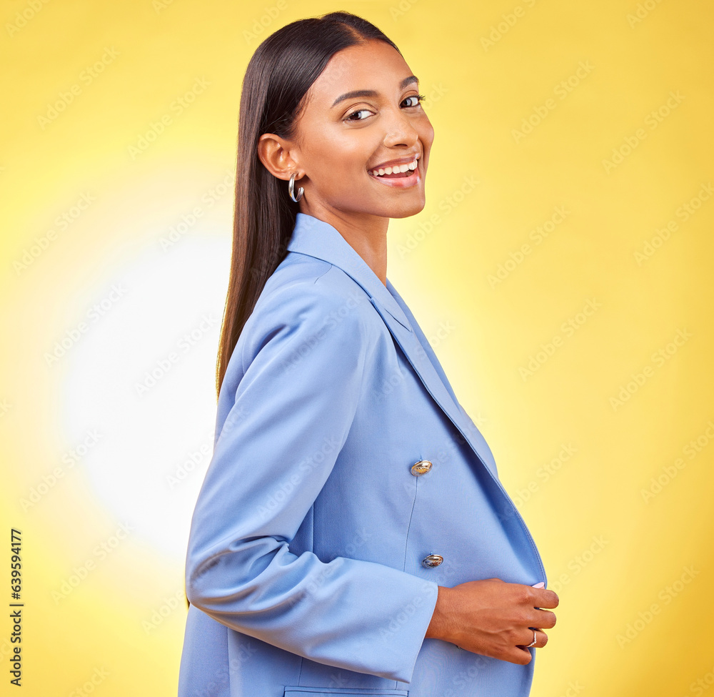 Business woman, worker and portrait with professional style and fashion in a studio. Yellow backgrou