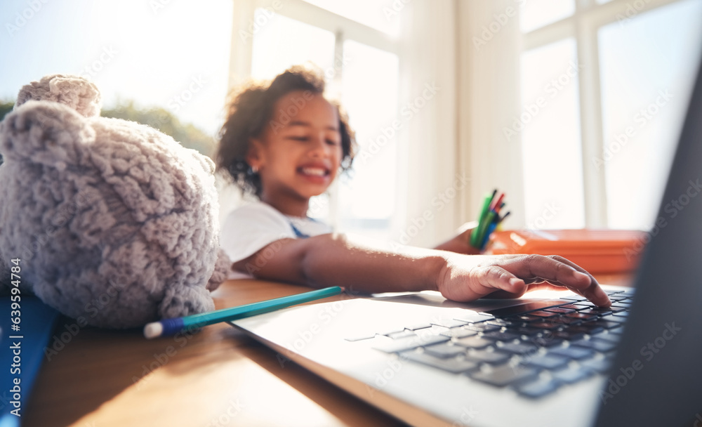 Hand, laptop and education with a girl in her bedroom for remote learning or private home school. Co