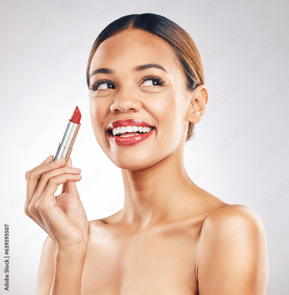 Woman, smile and makeup with red lipstick, cosmetics and dermatology on white studio background. Thi