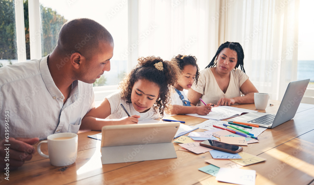 Family, children and writing, online education or e learning at home on tablet, computer and books w