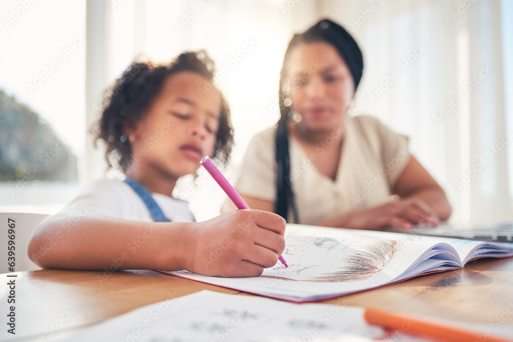 Homework, education and mother helping child by the dining room table in the family home. Elearning,