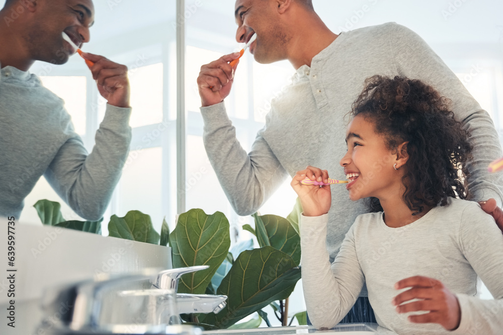 Dad, girl and kid brushing teeth in bathroom for hygiene, morning routine or learning healthy oral h