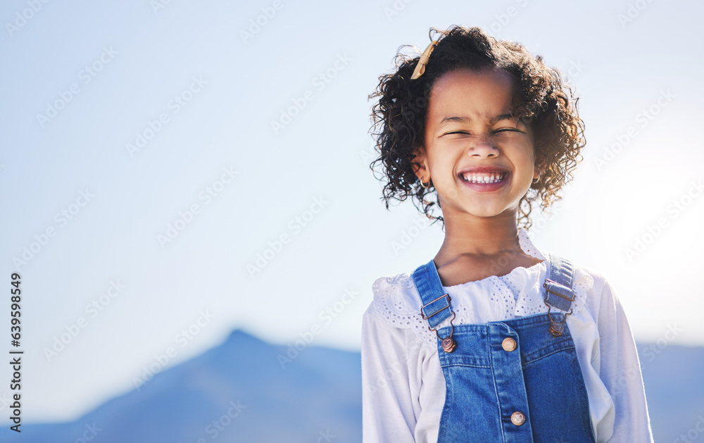 Happy girl, portrait and smile on mockup space for holiday, summer vacation or outdoor weekend in na