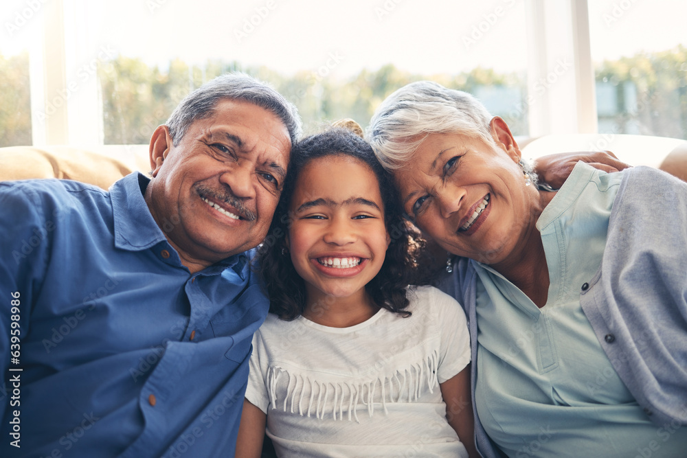 Grandparents, portrait and happy kid in home living room on sofa, bonding or having fun together. Fa