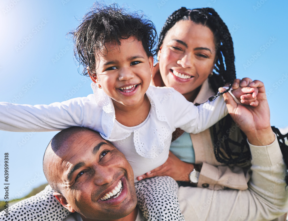 Parents, piggyback or portrait of child in nature as a happy family on summer holiday vacation toget