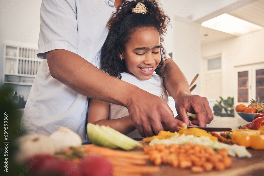 Cooking, vegetables and father with kid in the kitchen for child development, teaching and learning.