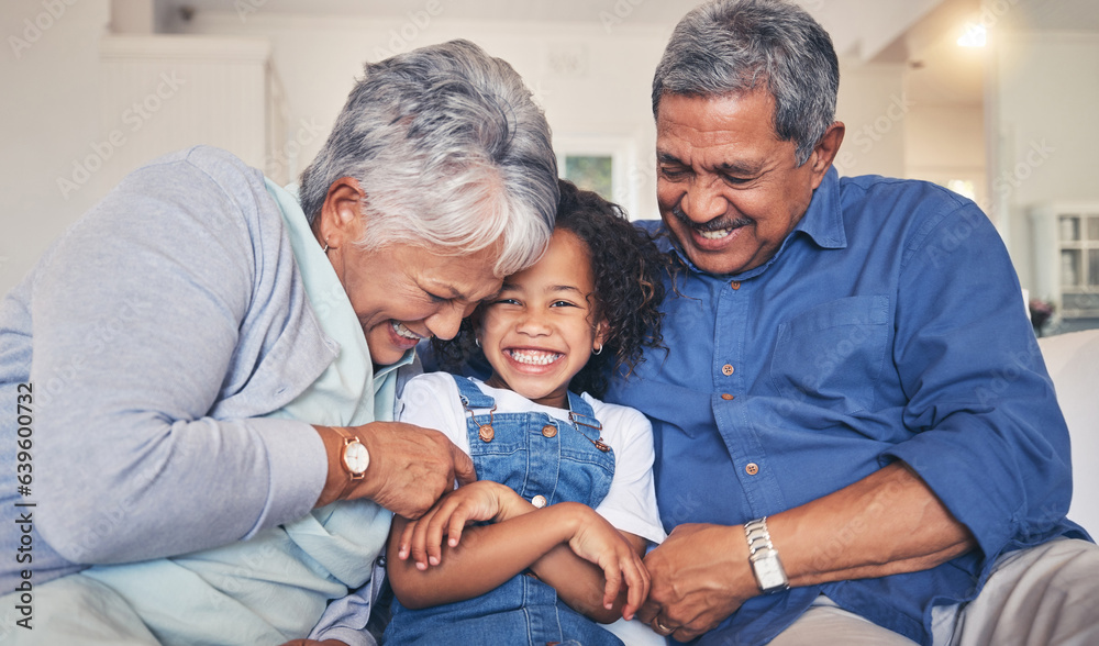 Grandparents tickling child, happiness and funny, relax at home at the weekend with retirement and l