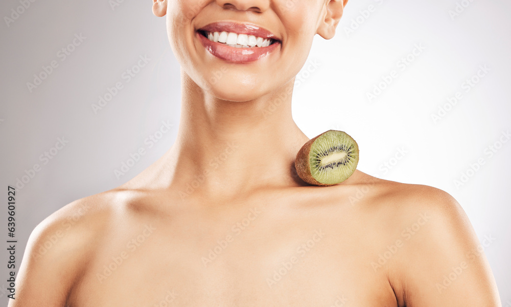 Skincare, kiwi and woman in studio smile for natural, beauty or treatment or eco friendly cosmetics 