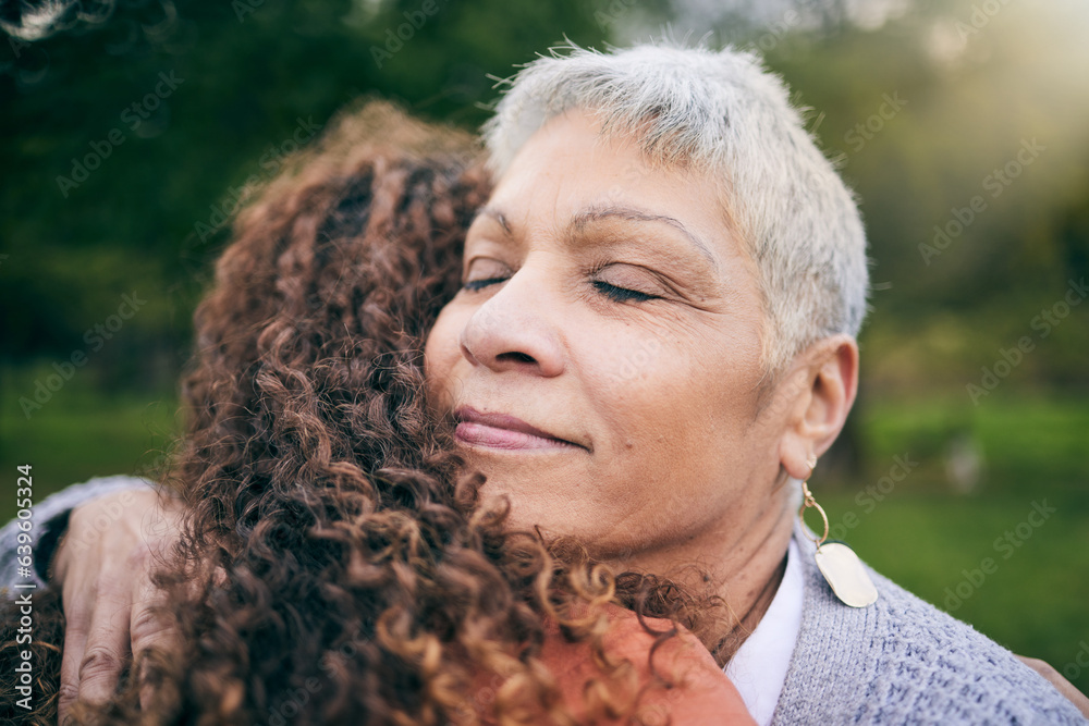 Senior mother, woman and hug at park with love, care and bonding for trust, support and wellness out