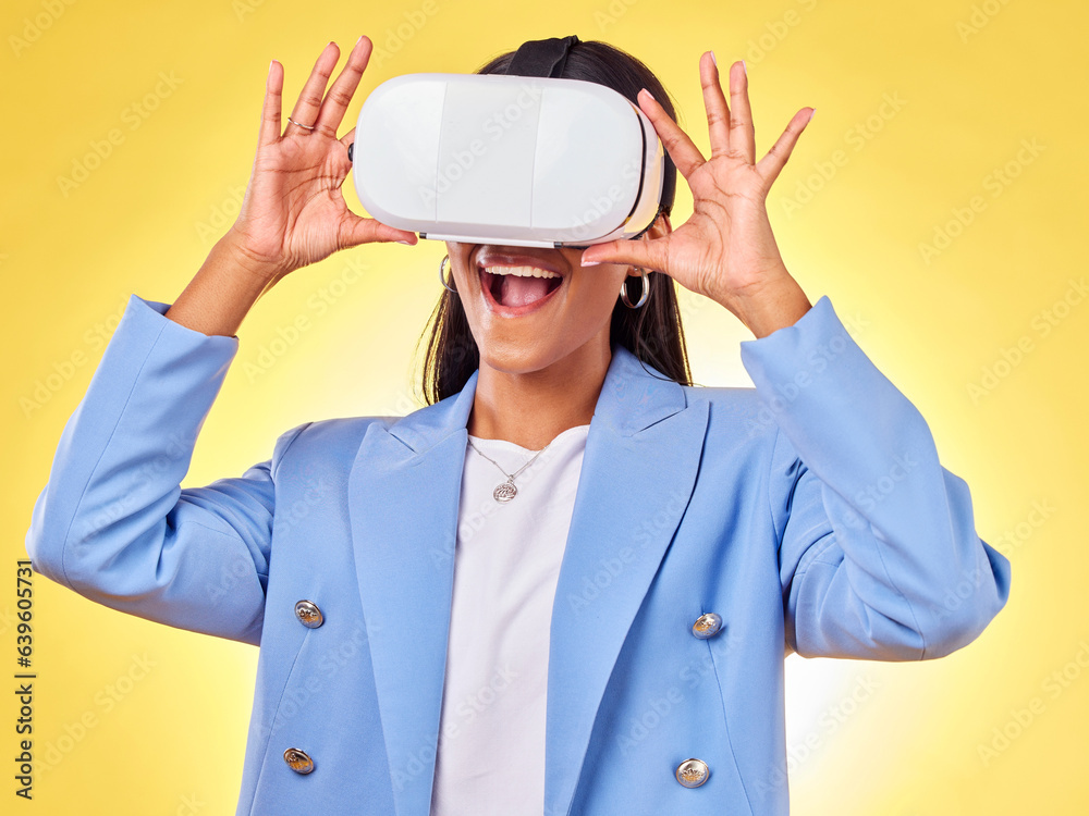 Business woman, virtual reality vision and studio with hands, smile and 3d user experience by yellow