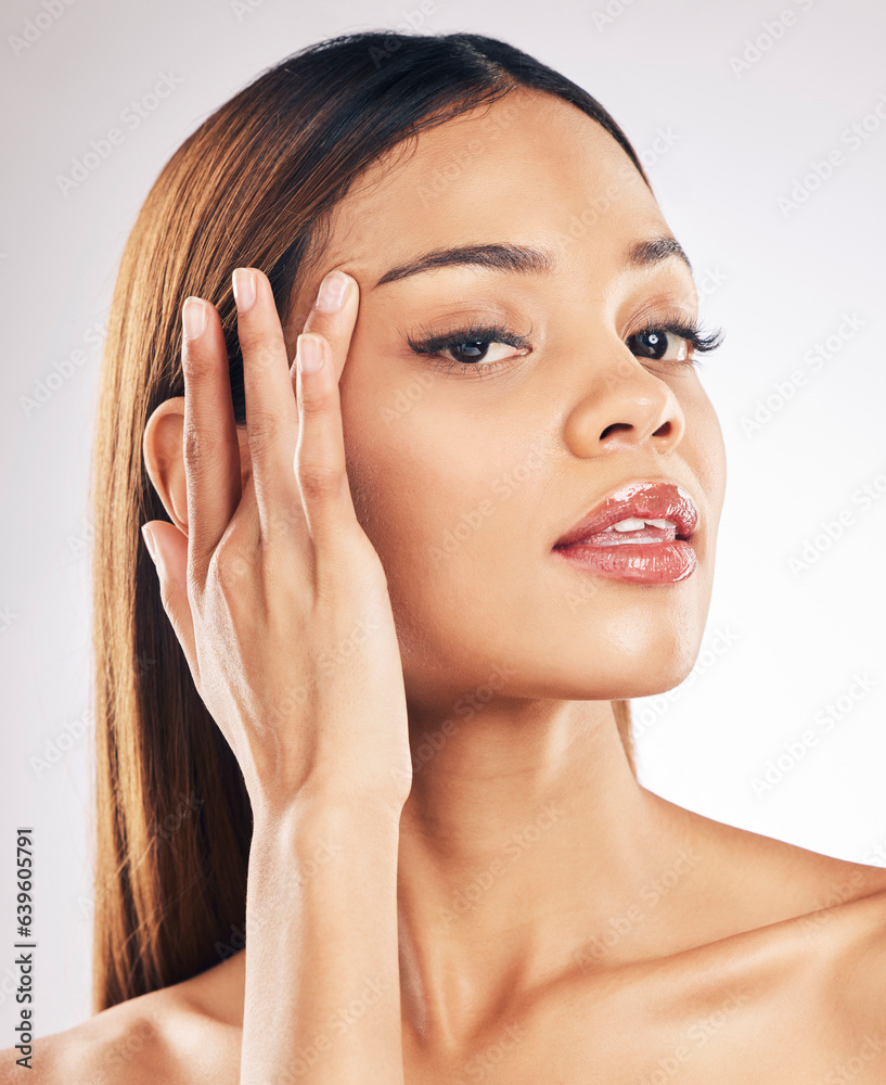 Woman, hand on face and natural beauty in studio, manicure and dermatology isolated on white backgro