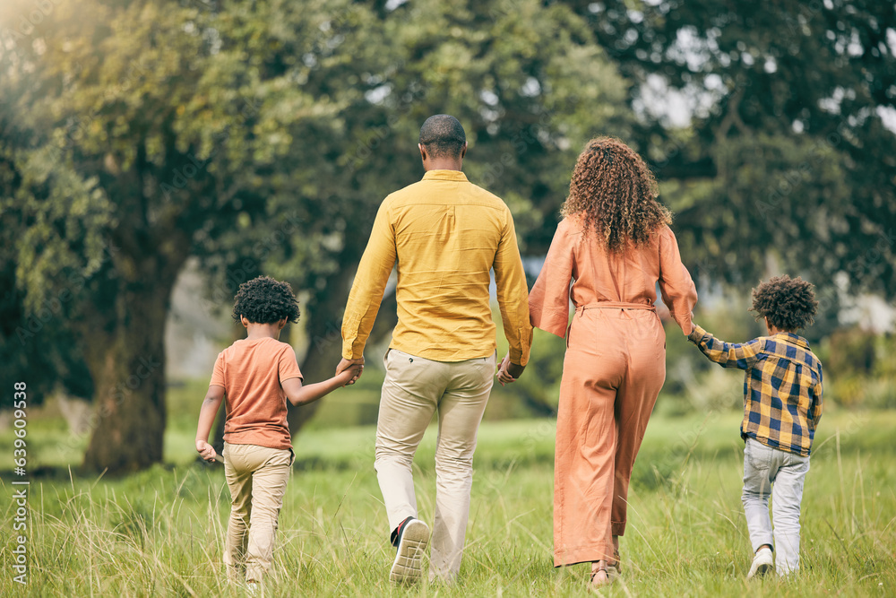 Parents, holding hands or kids walking in nature, park or field on holiday vacation together as a fa