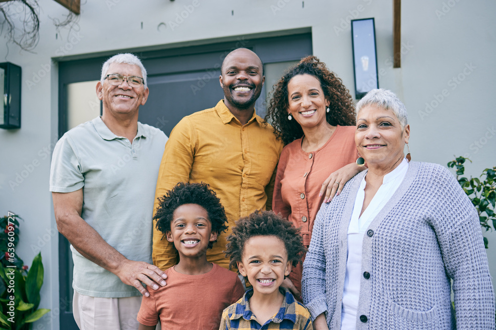 Portrait, smile and big family by home, interracial and having fun together at backyard. Face, grand