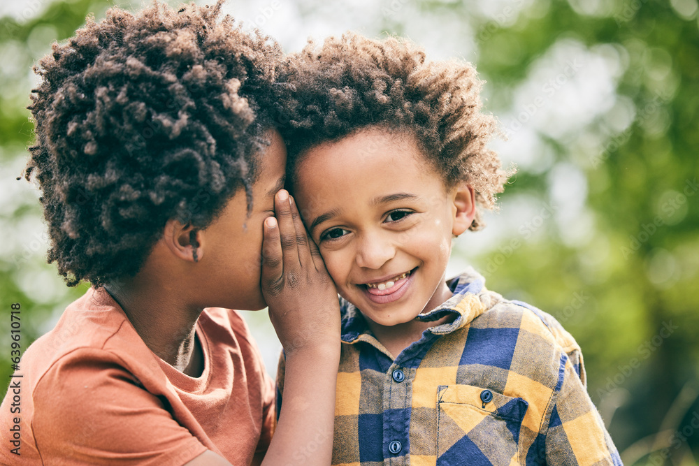 Black children, friends and whisper secret, happy and bonding together outdoor. African kids, smile 