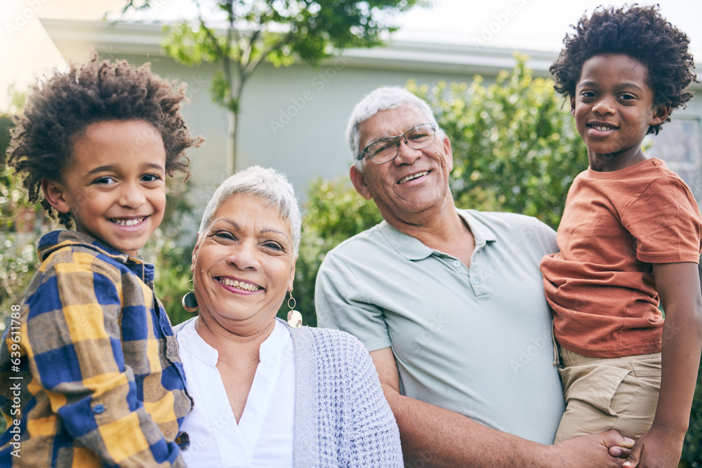 Portrait, love and children with grandparents in a backyard for bond, care and fun together outdoor.