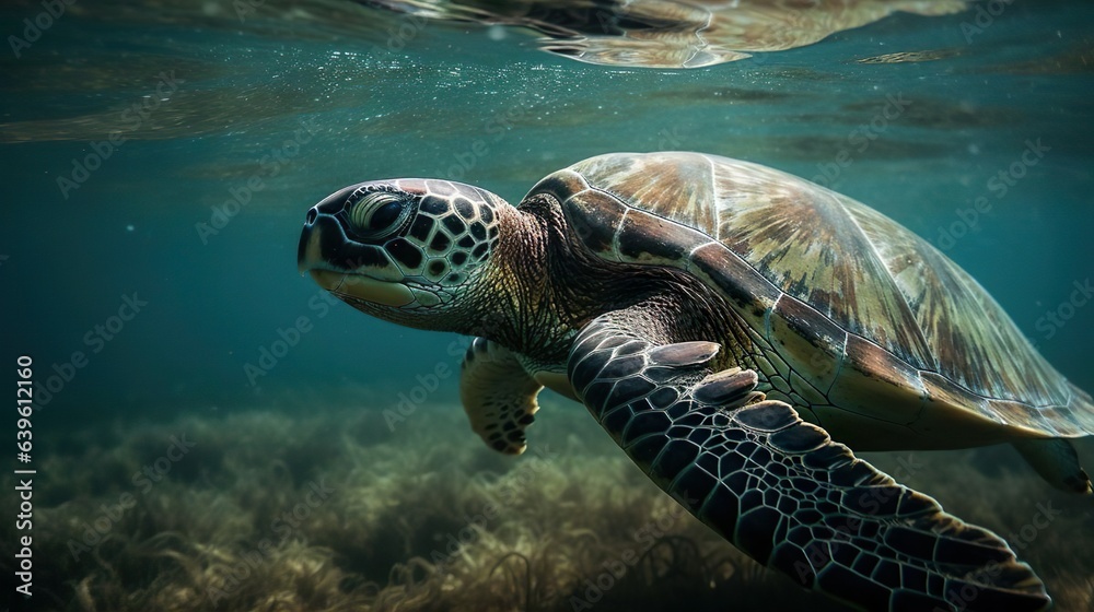 A giant green sea turtle spreads its paws and swims in the blue depths of the sea or the ocean. Clos