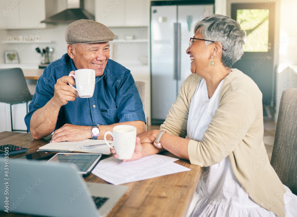 Laptop, happy or old couple with budget paperwork, mortgage or banking documents at home. Coffee dri