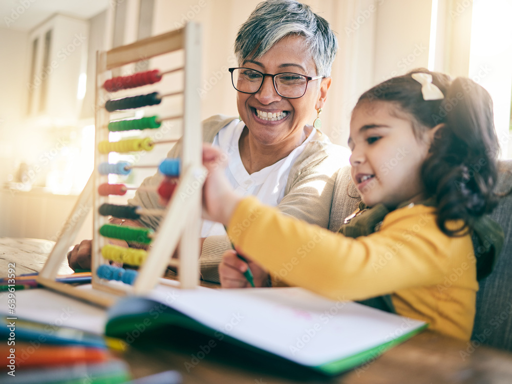 Education, family and child with grandmother, abacus or counting, project or homeschool, kindergarte