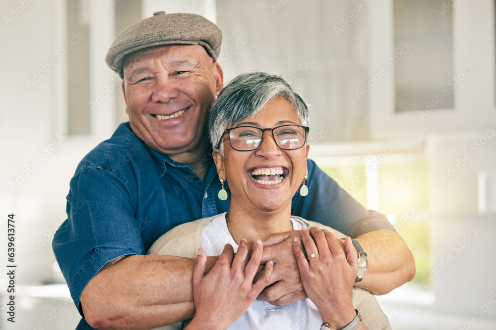 Portrait, happy or old couple hug in house living room bonding together to relax on holiday with sup