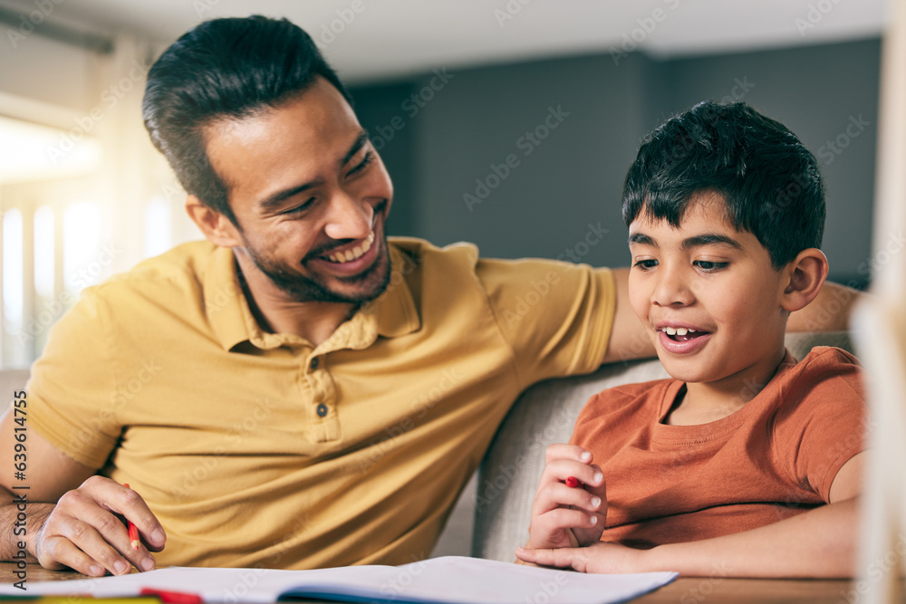 Help, father and boy with homework, notebook and conversation with education, learning and knowledge