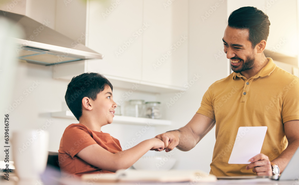 Fist bump, homework and father with child at their home in celebration of completed studying. Happy,