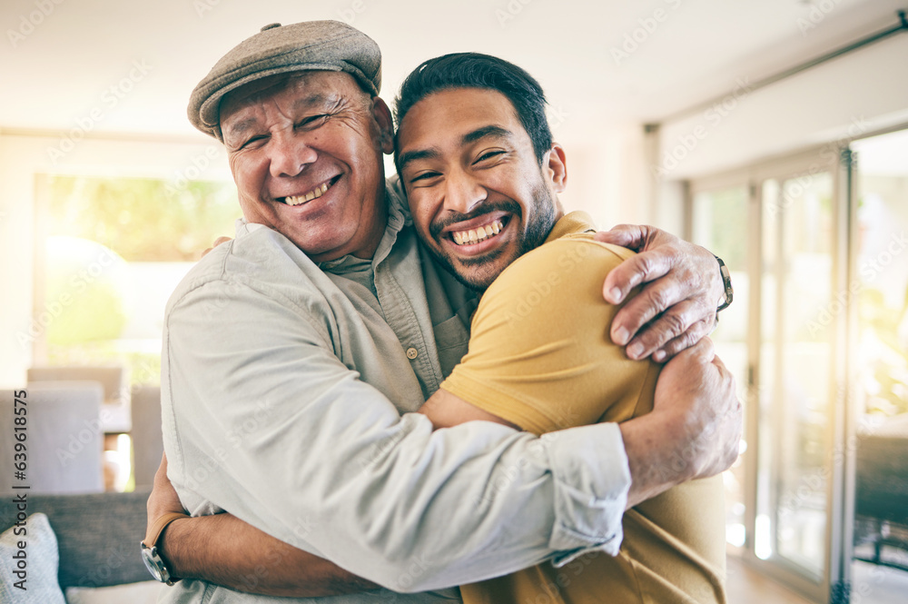 Hug, portrait and man with his senior father for bonding, love and care in the family home. Smile, h