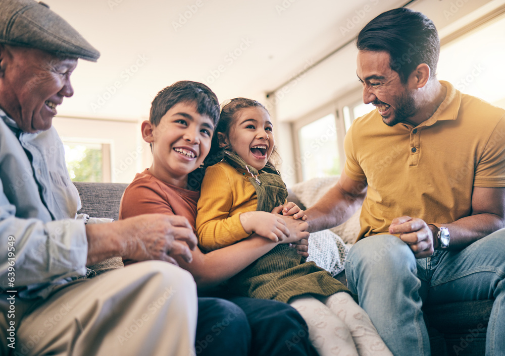 Children, father and grandfather playing and laughing on a home sofa with happiness, tickle and fun.