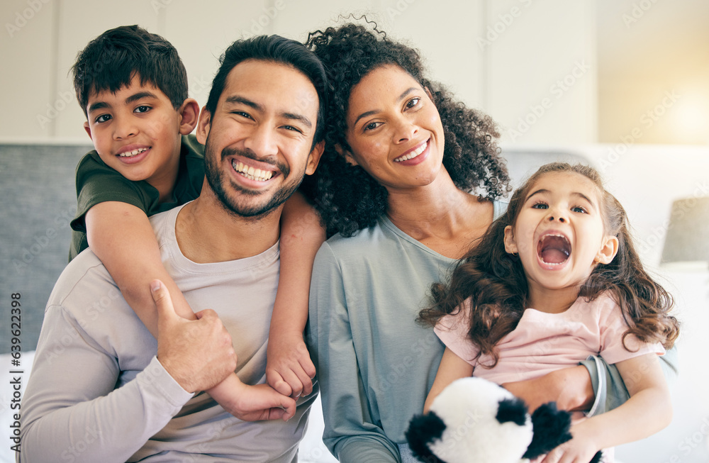 Portrait, happy and family in home bedroom, bonding and excited for funny laugh together. Face, chil