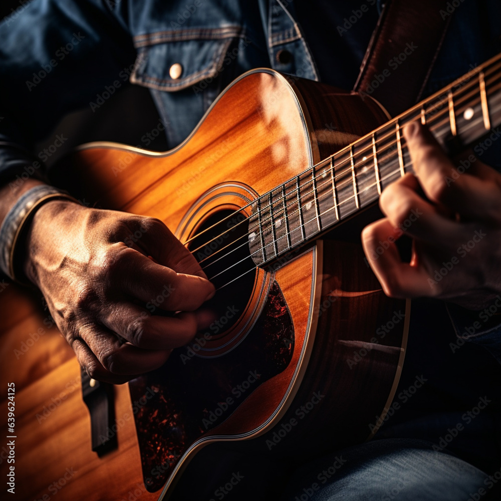 Bluesman play on guitar blues rock under stage light. Festival music concert with songs. Black skin 