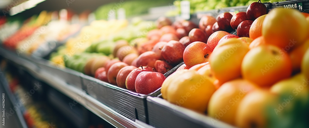 Fresh organic fruits on a shelf in a supermarket, Variety Shopping  in a supermarket apples, oranges