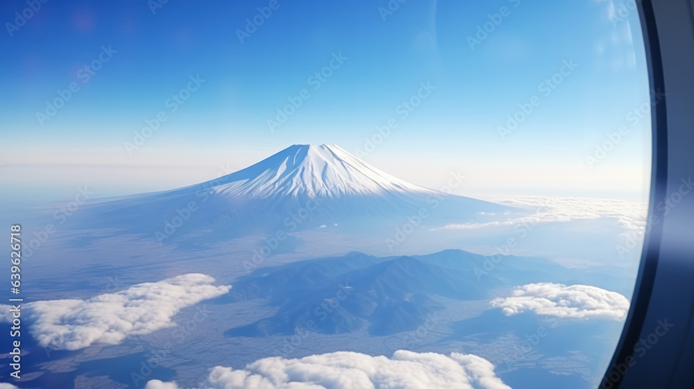 Fuji mountain view looking from airplane window, Snow covered in Autumn and Spring Season