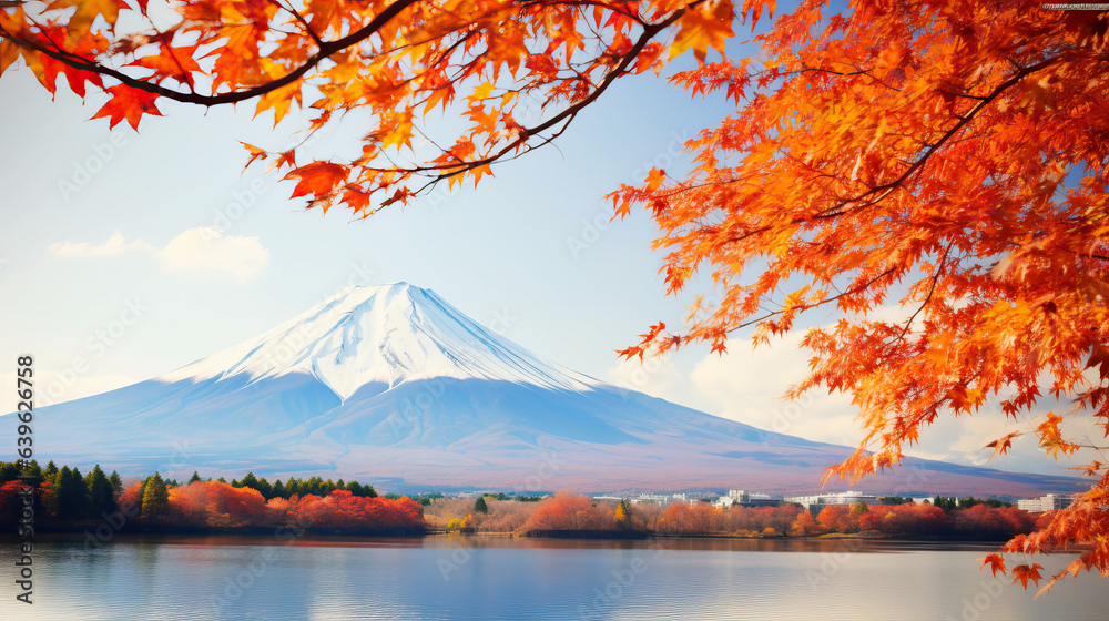 Fuji mountain in Japan Colorful Autumn Season with morning fog and red leaves is one of the best pla