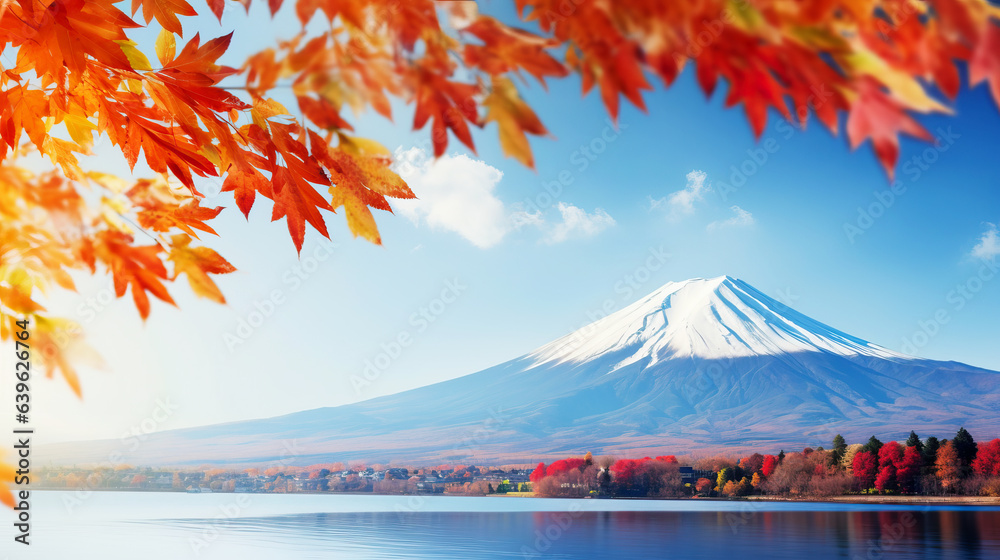 Fuji mountain in Japan Colorful Autumn Season with morning fog and red leaves is one of the best pla