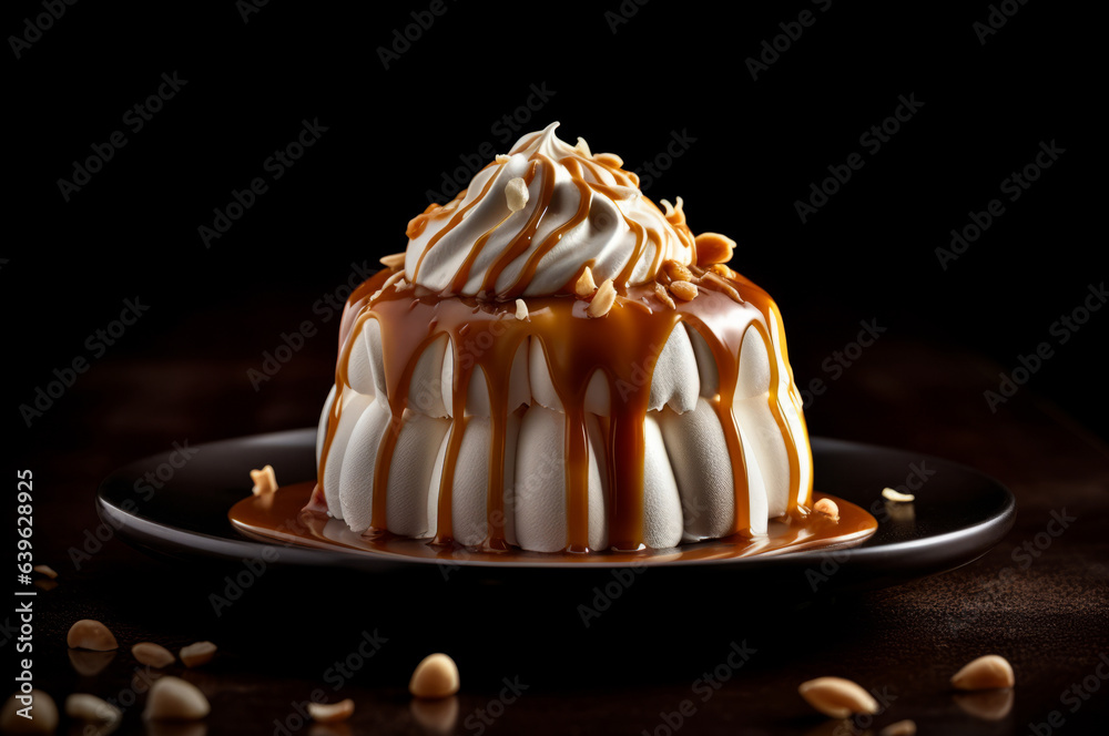 Caramel peanut meringue dessert on a plate. Close-up on dark background. Restaurant-style plating.