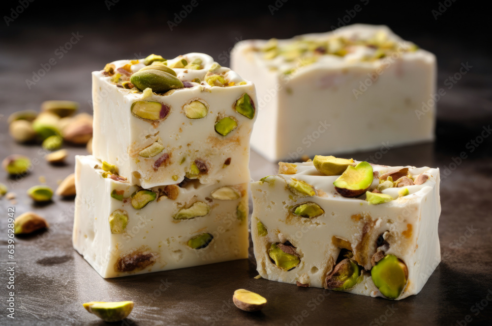 Close-up of sliced Pistachios Nougat. Horizontal, side view.