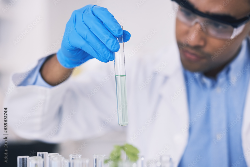 Science, nature and man with test tube in laboratory, research and thinking with plants. Biotechnolo