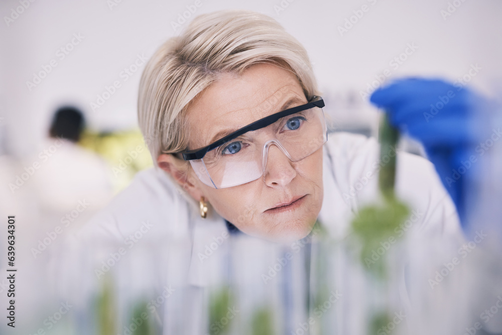 Science, plants and woman with test tube growth in laboratory, medical research and natural medicine