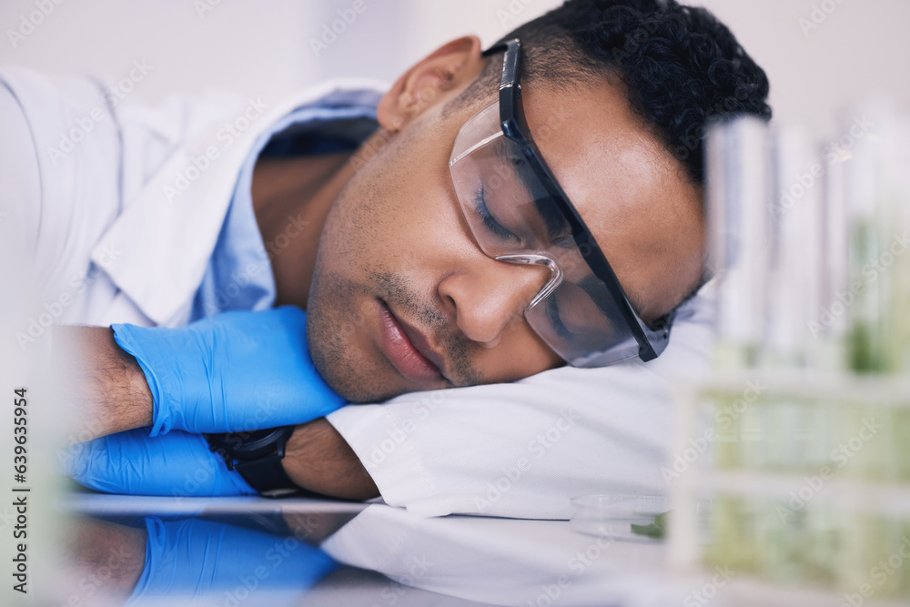 Scientist, man sleeping and tired in laboratory for plants research, medicine and pharmaceutical stu