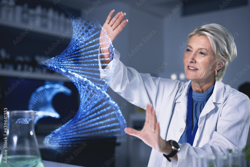 Woman, dna hologram and lab analysis, study or innovation with futuristic medical research with ux. 