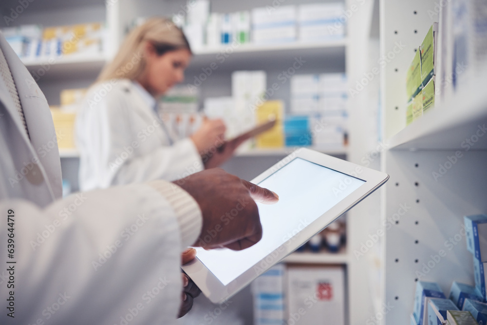 Tablet screen, person and pharmacist hands typing, scroll or search clinic database for product, pil